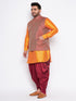 Vastramay Men's Plus Size Maroon Woven jacket And Orange kurta And Dhoti Set
